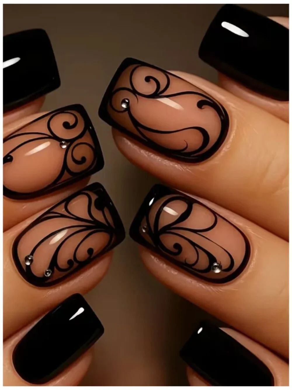 NWT 24pc Short Square Press On Nails Black Swirl Vine Gel Fake Nails Clear Base
